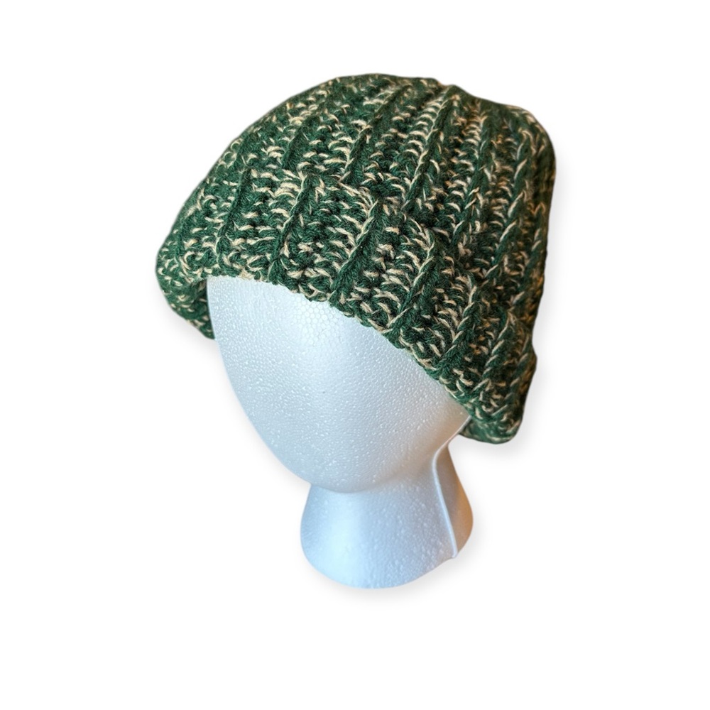New Handmade Crochet Beanie Fold over Thick Hat Winter Dark Green Tan Speckled
